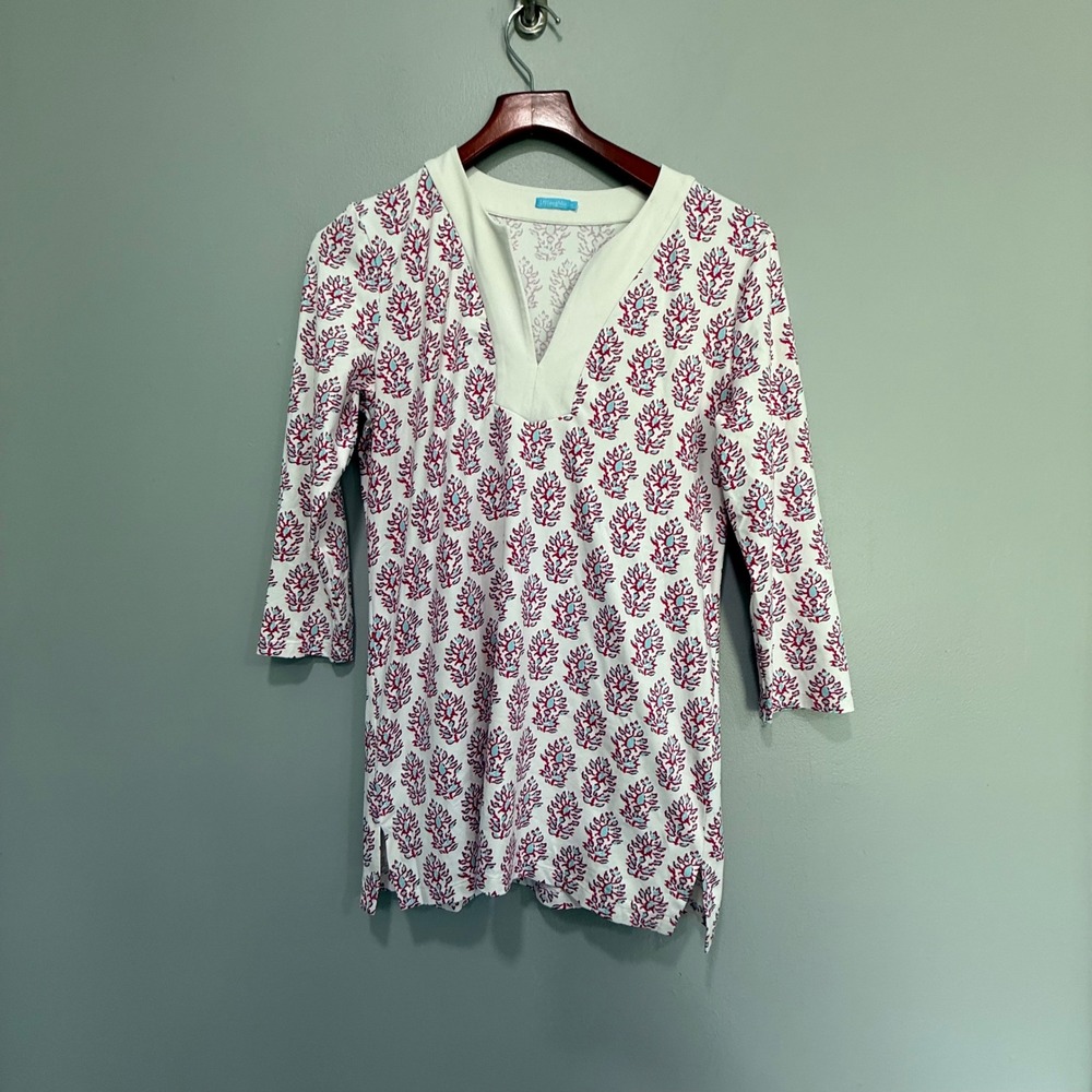 J. McLaughlin Catalina Cloth Tunic Top Pink‎ Blue Coral Print 3/4 Sleeve Size M